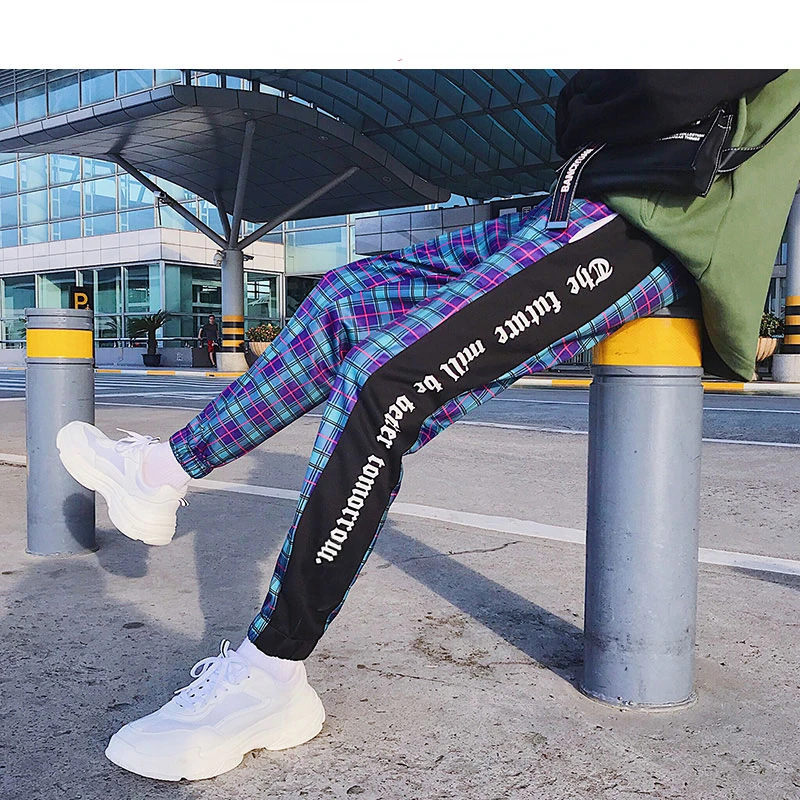 

2023NEW Men Streetwear Plaid Pants Joggers 2022 Mens Patchwork Blue Sweatpants Ankel-length Cotton Hip Hop Track Pants Trousers