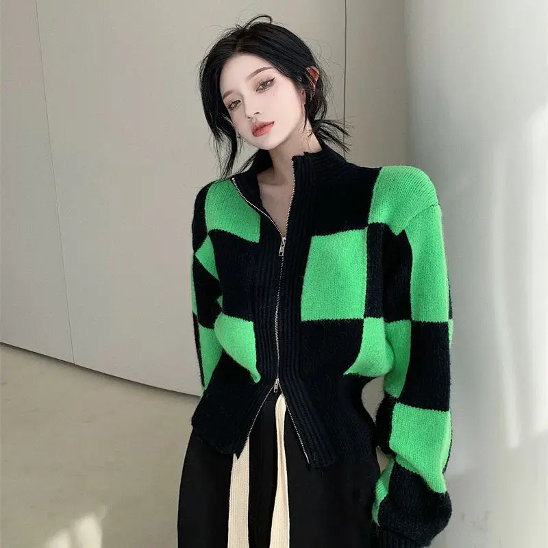 

Chessboard Grid Sweater Female Autumn And Spring Loose Design Sense Green Top Niche Zipper Knock Knit Cardigan Outer Jacket Tide