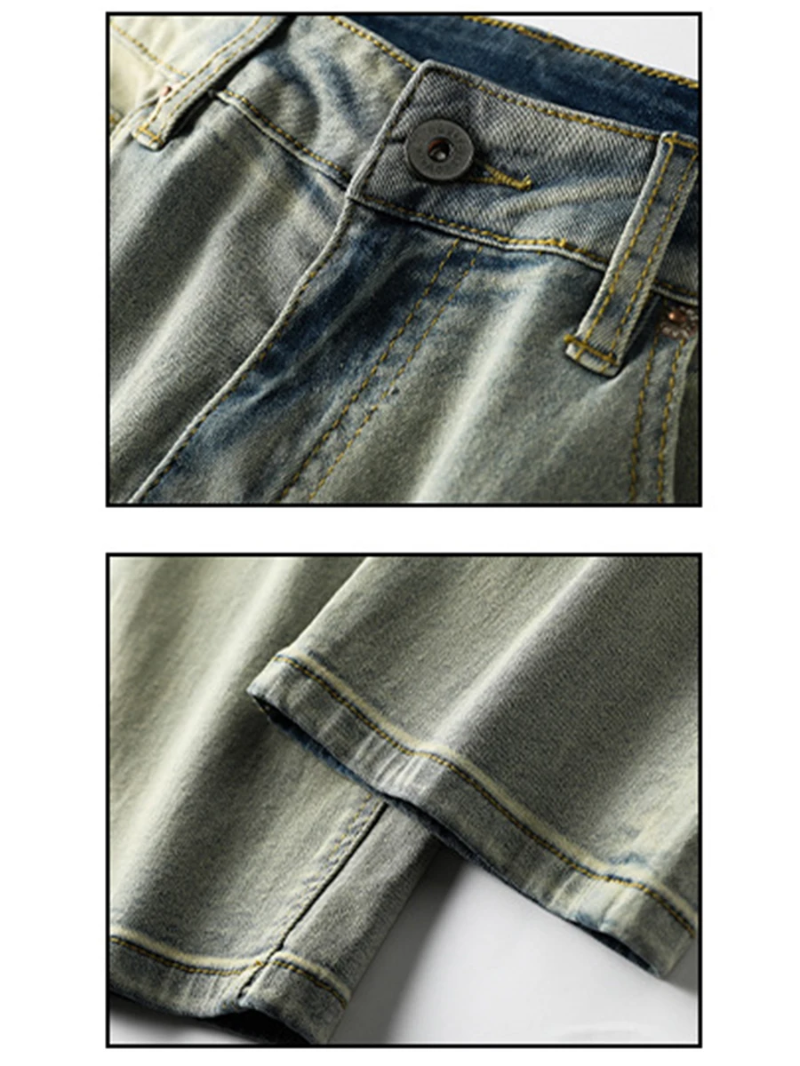 Four Seasons Men's Jeans Washed Distressed Stretch Vibe High Street Yellow Mud Dyed Y2k Men Jeans Streetwear Men's Ins Hot Sale