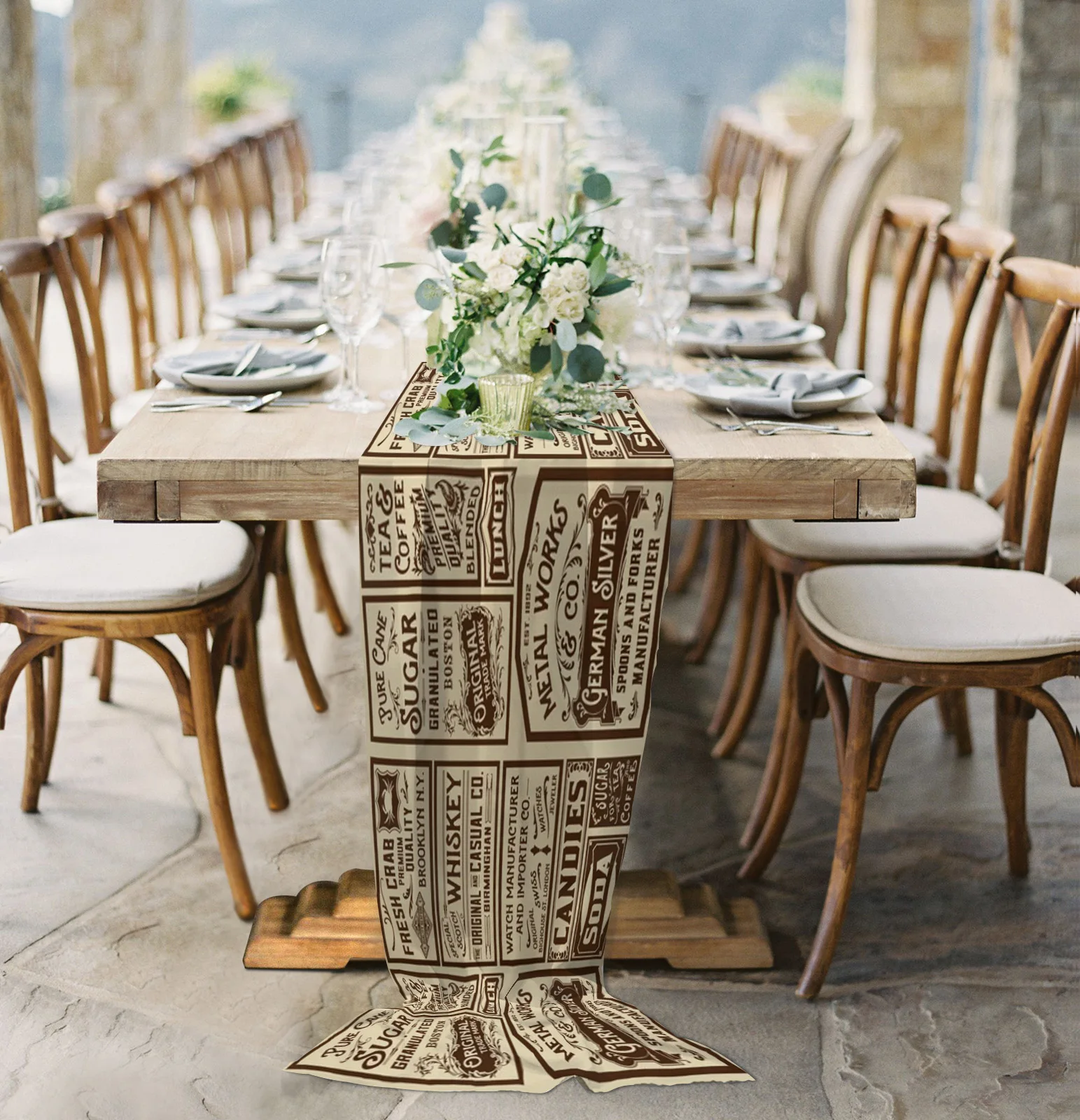 

Newspaper Labels Retro Chiffon Table Runner for Wedding Celebration Banquet Festival Party Backdrop Decor