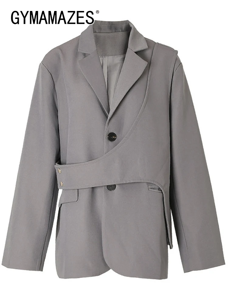 

GYMAMAZES Solid Minimalist Blazers For Women Notched Collar Long Sleeve Slim Asymmetrical Blazer Female Fashion Style Clothing