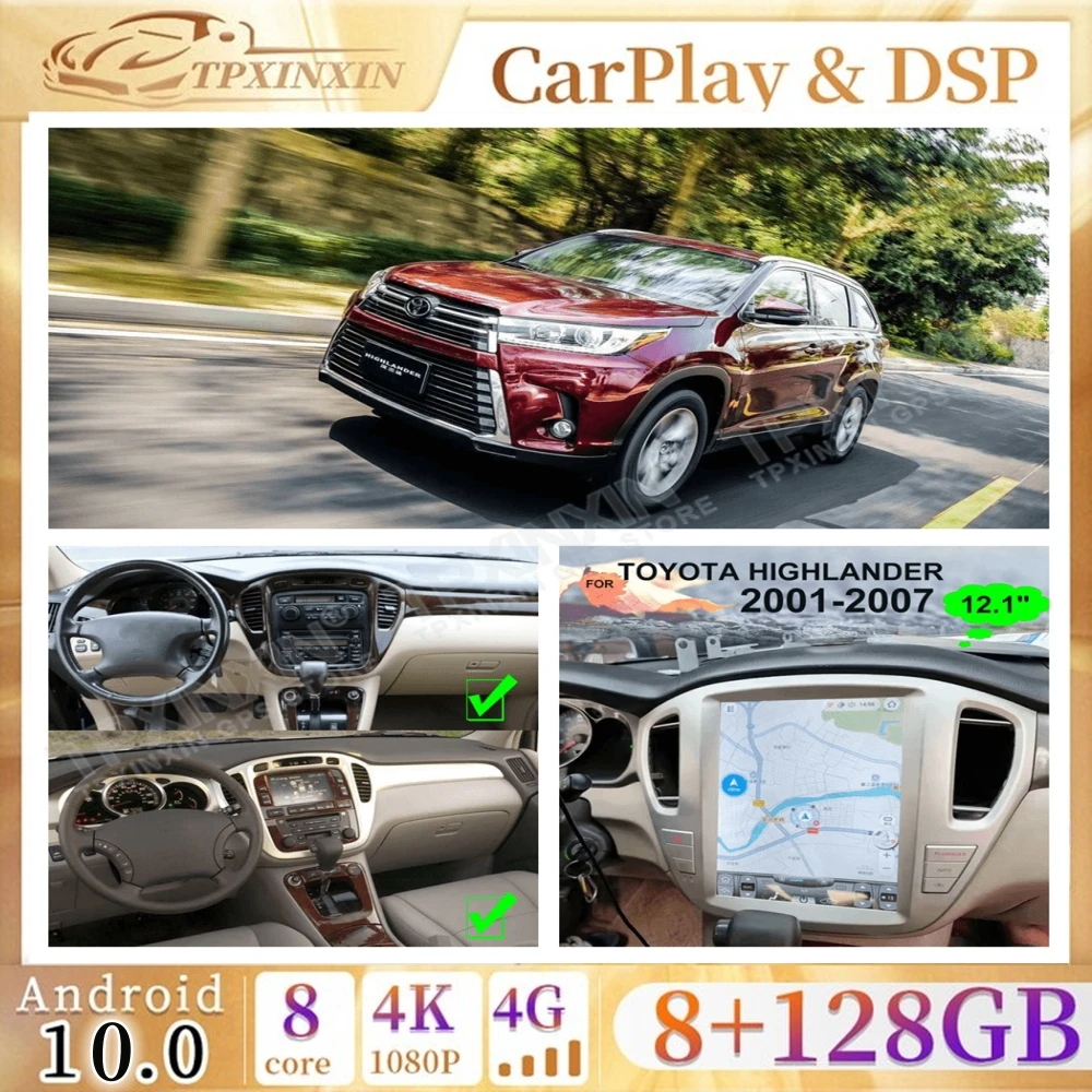 

12.1" Tesla Screen CarPlay PX6 Android Auto Car Radio For Toyota Highlander 2001-2007 Multimedia Player Navigation HeadUnit GPS