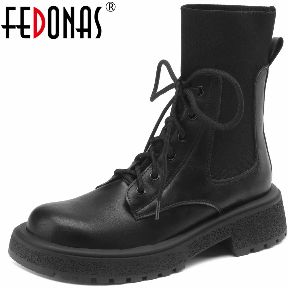 

FEDONAS Popular Cross-Tied Women Ankle Boots Autumn Winter Shoes Woman Genuine Leather Thick Heels Leisure Casual Short Boots