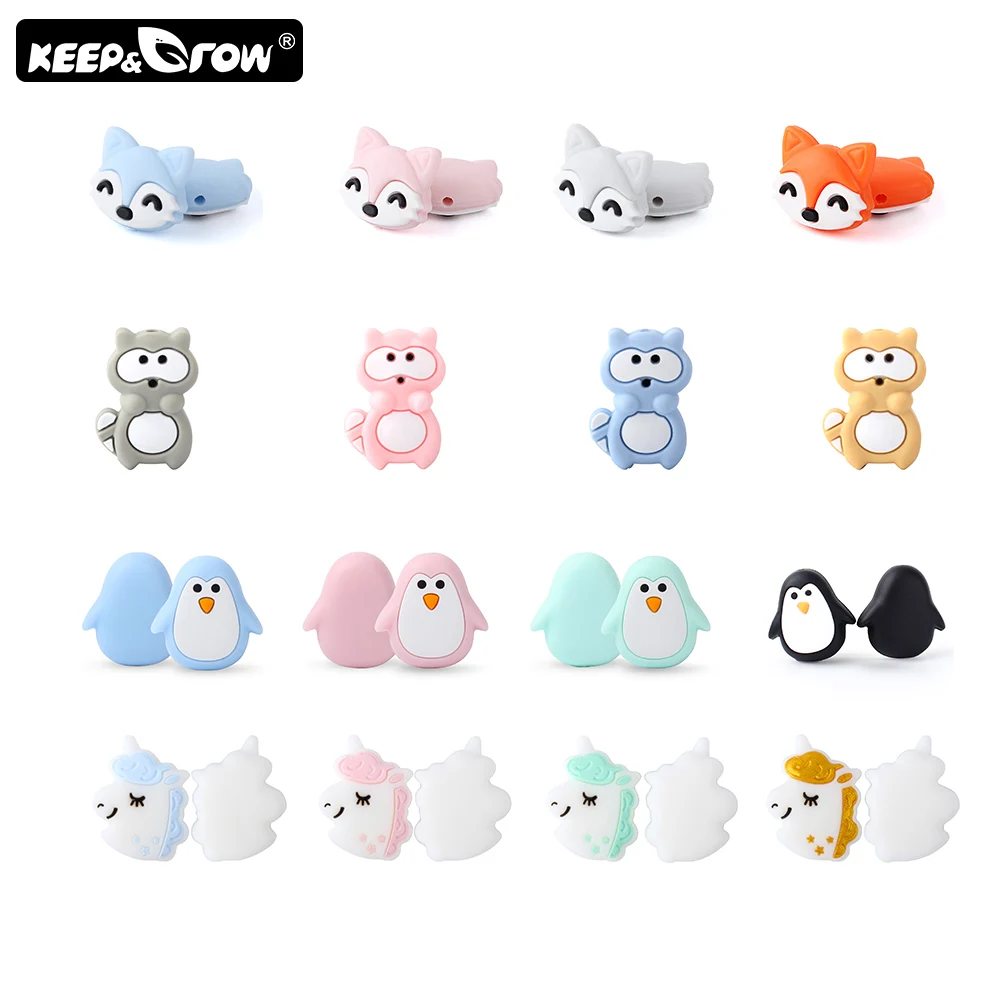 Keep&Grow 4pcs Raccoon Fox Perle Silicone Beads Animal Silicone Teething Beads Pacifier Clips Chain Food Grade Teether Beads