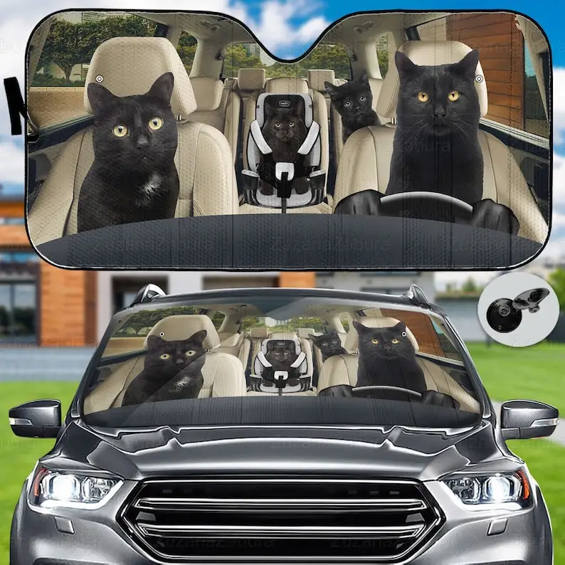 Black Cat Family Car Sun Shade, Black Cat Auto Sun Shade, Funny Cat Car Decor, Cat Car Accessory, Cat Car Windshield, Cat Lover