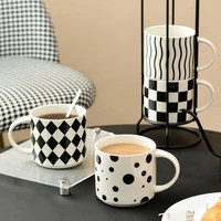 ins hot ceramic coffee mugs retro check polkdot wave diamond pattern 450ml water tea milk juice cups for office home use