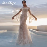 yunshang long flare sleeve lace mermaid wedding dress 2022 sheer o neck gorgeous bridal gown with button back train custom made