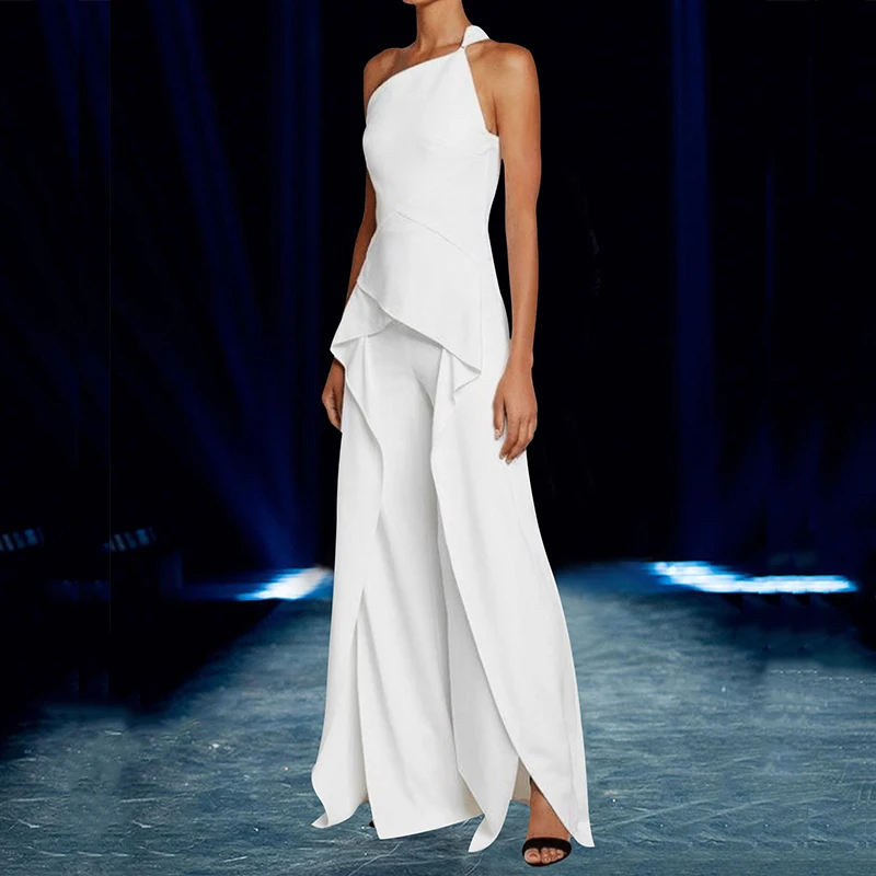 

Female Ruffle Waisted Irregular Split Overall 2022 Fashion Solid Slash Neck Jumpsuit Women Loose Wide Leg Pants Commute Romper
