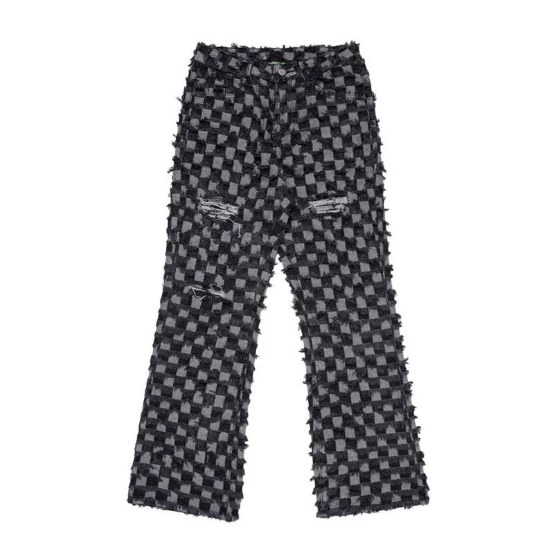 

Джинсы мужские в клетку, винтажные свободные брюки со средней талией, на пуговицах, прямые штаны с дырками, весна