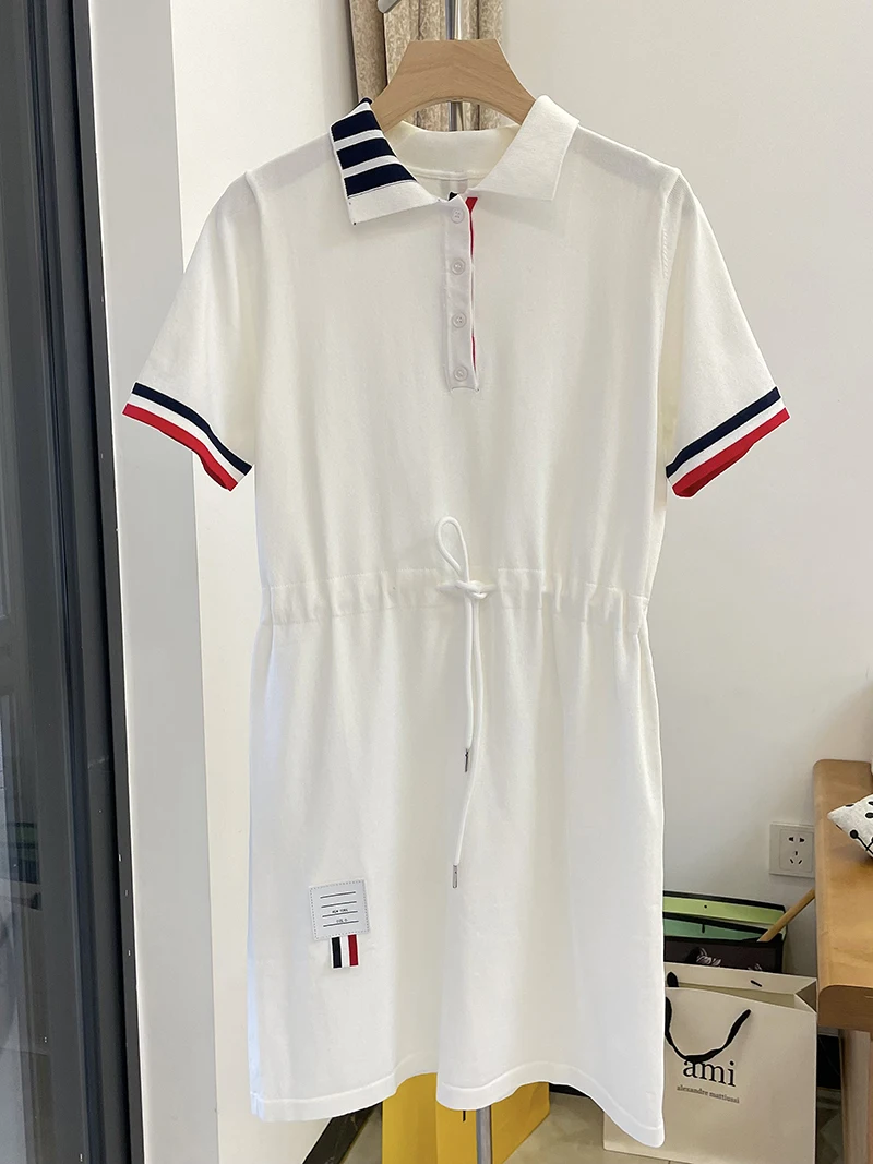 

High Quality TB Knitted Dress Ice Silk Lapel Short-sleeved Skirt High-quality Mid-length Skirt Summer POLO Collar Summer