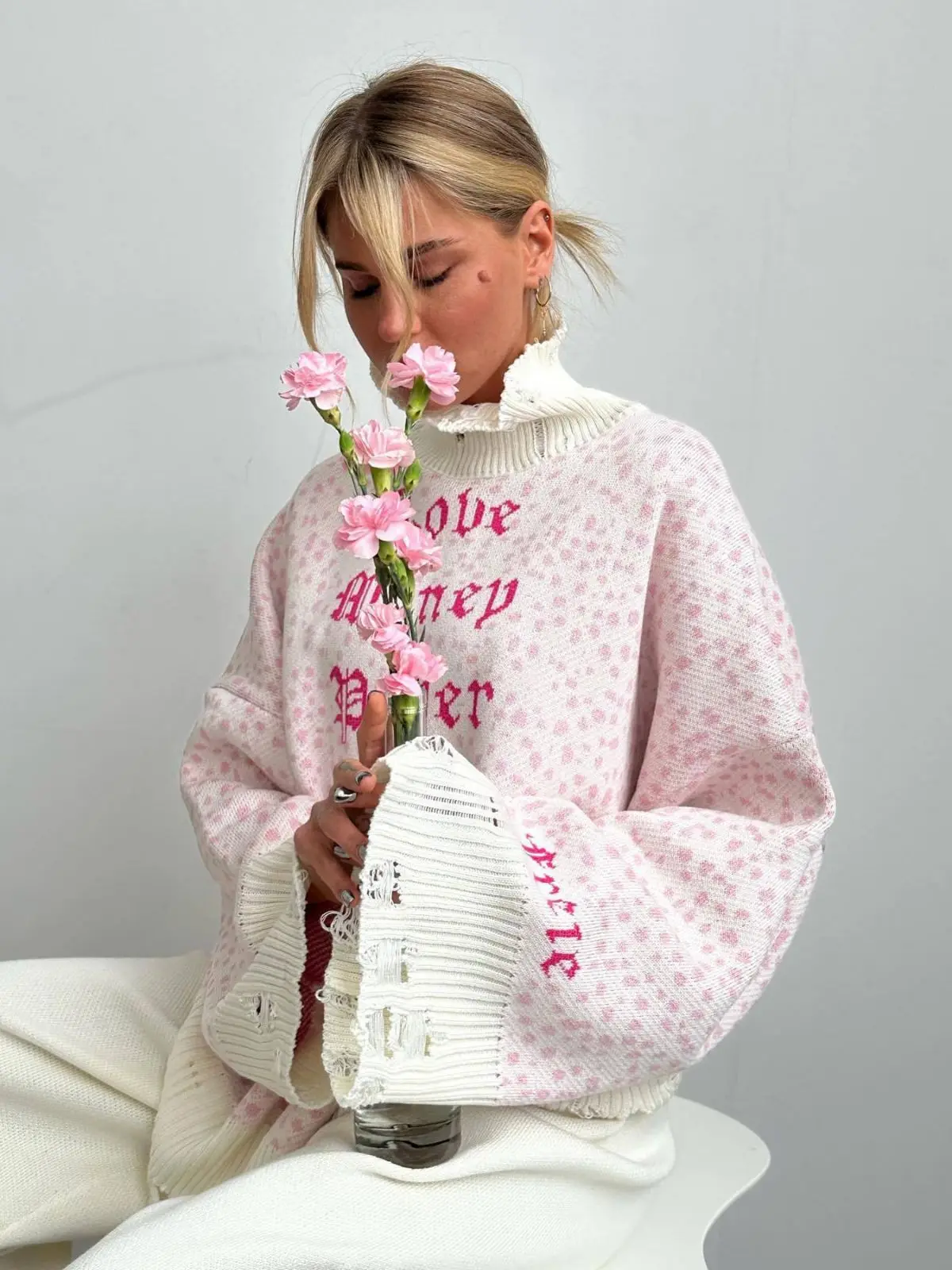 

2023 Autumn And Winter Street Every Loose Letter Embroidery Personality Tattered Woolen Long-Sleeved Lazy Pullover Sweater Woman