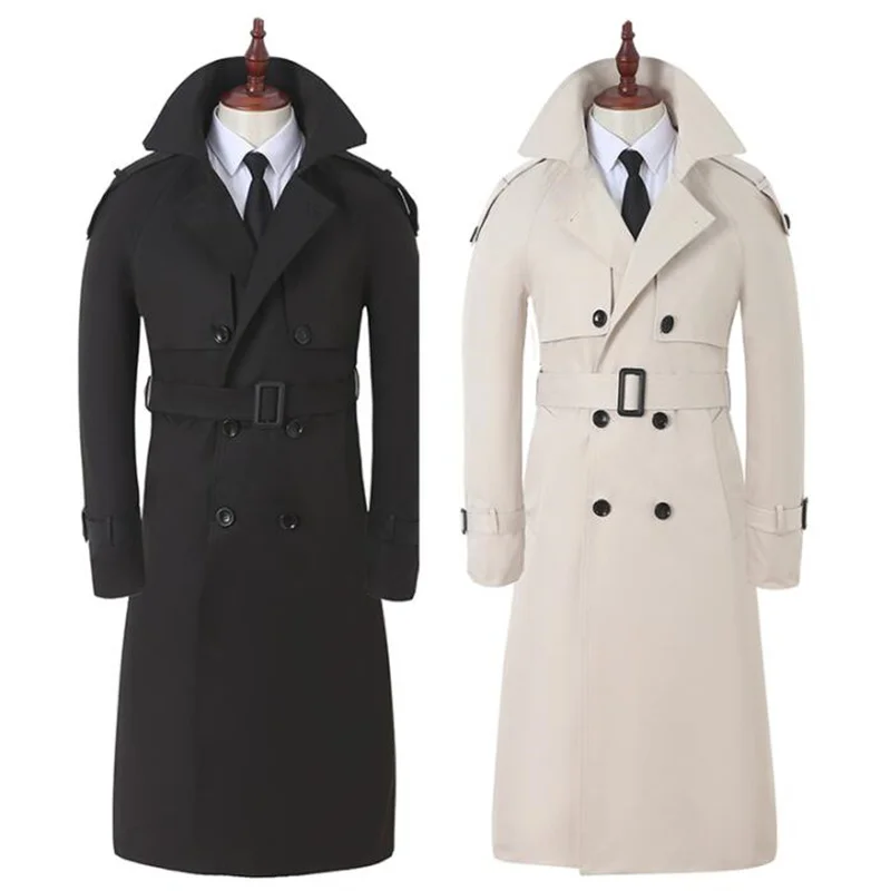 

Ветровка мужская длинная до колена, тренчкот деловой в Корейском стиле, в британском стиле, бежевого, белого цвета, для весны и осени