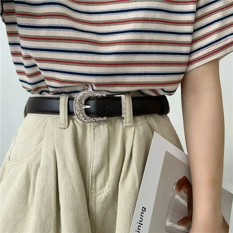 Винтажный резной ремень с металлической пряжкой