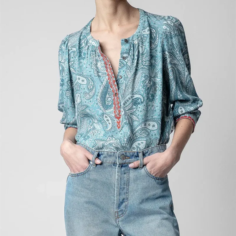 

Women's Embroidery Shirt Vintage Paisley Print Long Sleeve O-neck Loose Blouse with Buttons 2023 Spring Summer