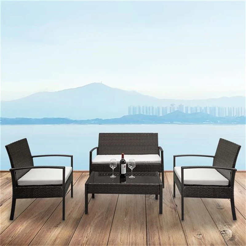 

4 PC Rattan Patio Furniture Set Wicker Conversation Set 1pcs Arm Chairs 2pc Love Seat & Tempered Glass Coffee Table Rattan Sofa
