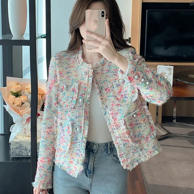 

Подиумная Осенняя твидовая куртка с бахромой и карманами, Женское пальто из смешанной шерсти, женский короткий роскошный кардиган, верхняя одежда