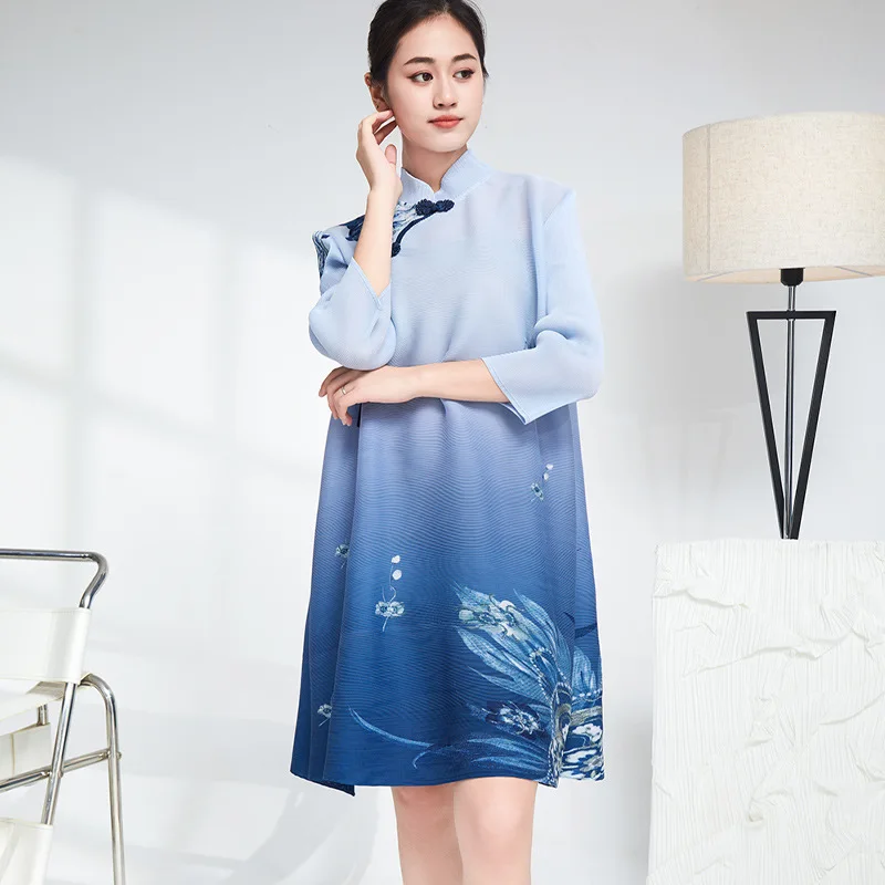 

Miyake pleated improved version of cheongsam new retro plate button national tide style mid-length dress women