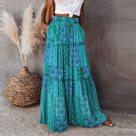 2023 Women'S Summer Elastic Waist Maxi Skirts Boho A Line Flowy Long Skirts With Pockets Bohemian Skirts For Ladies