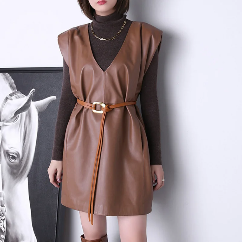 

Leather Skirt Dress Spring New Sheepskin V-neck Sleeveless Vest Straight Shoulder Pad Loose Dress With Belt