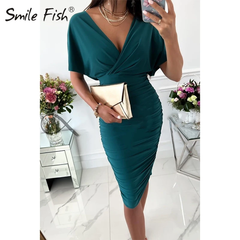

Sexy Clubwear Deep V-Neck Slim Lady Dress Bodycon Knee-length Dresses for Women Casual 2022 Summer Woman Work Dress Robe G1087