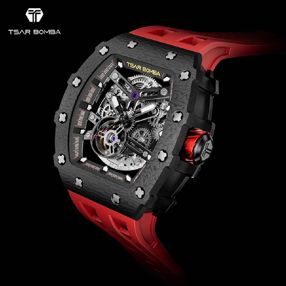 

Carbon Fiber Men Automatic Watch TSAR BOMBA Waterproof Clock Fashion Skeleton Mechanical Luxury Sapphire WristWatch for Men