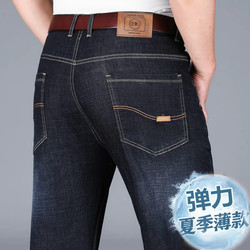 2022 Men's Jeans Classic Style Business Casual Pant Mens Stretch Thin Straight-leg Loose Jeans Denim Trousers Blue Black Pants