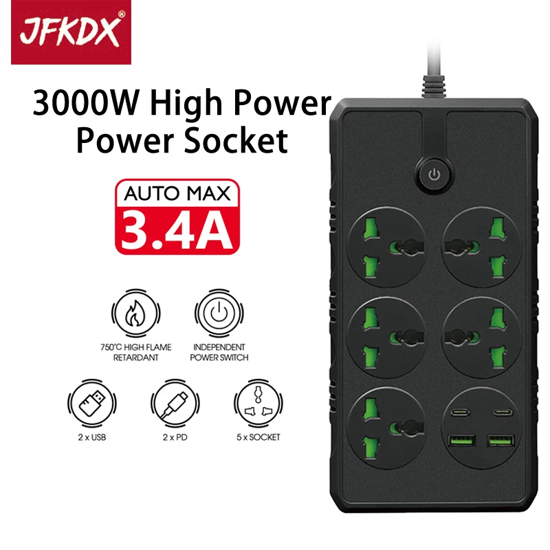 

JFKDX UK US EU 3000W High Power Plug Strip With 2M Extension Cable Network Filter 5 AC Socket 2 USB 2 Type C PD Fast Charge Port