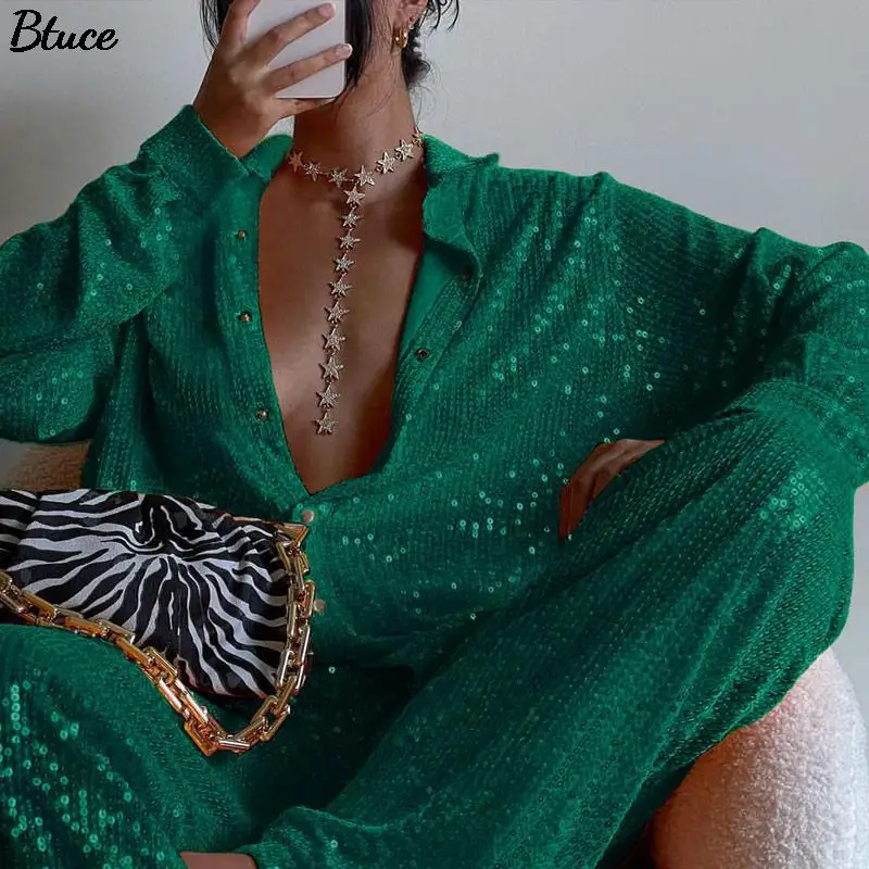 

Women Y2K 3piece Set Streetwear Solid Sequins Casual Suit Female Sexy Deep V Neck Vest Lady Casual Loose Straight Leg Pants Set