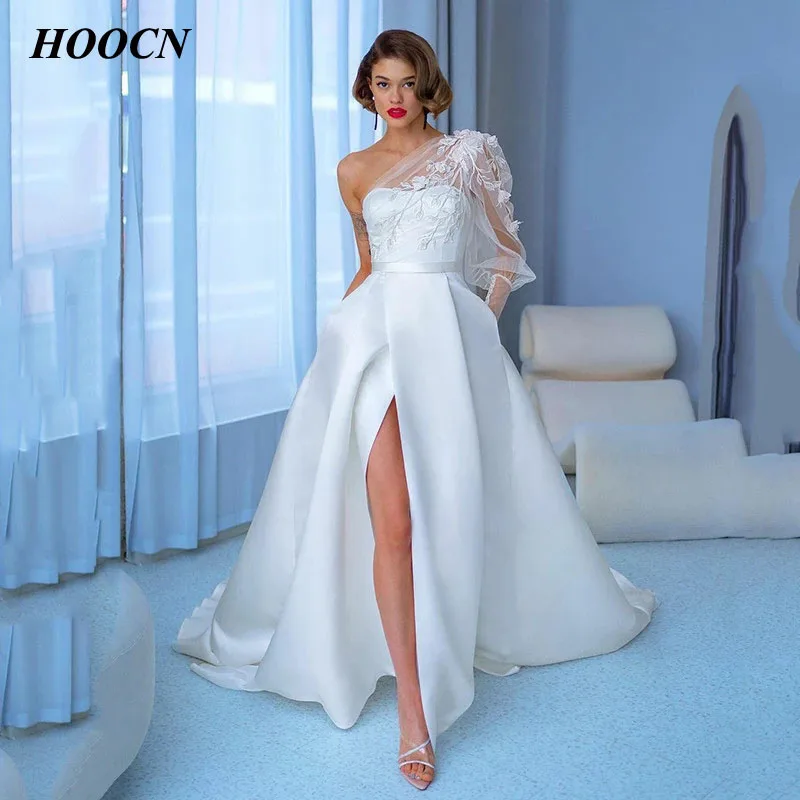

HERBURNL One-shouider Wedding Dress For Women 2022 Lace Appliques Sleeveless Beauty Lace Elegant Bridal Split Satin
