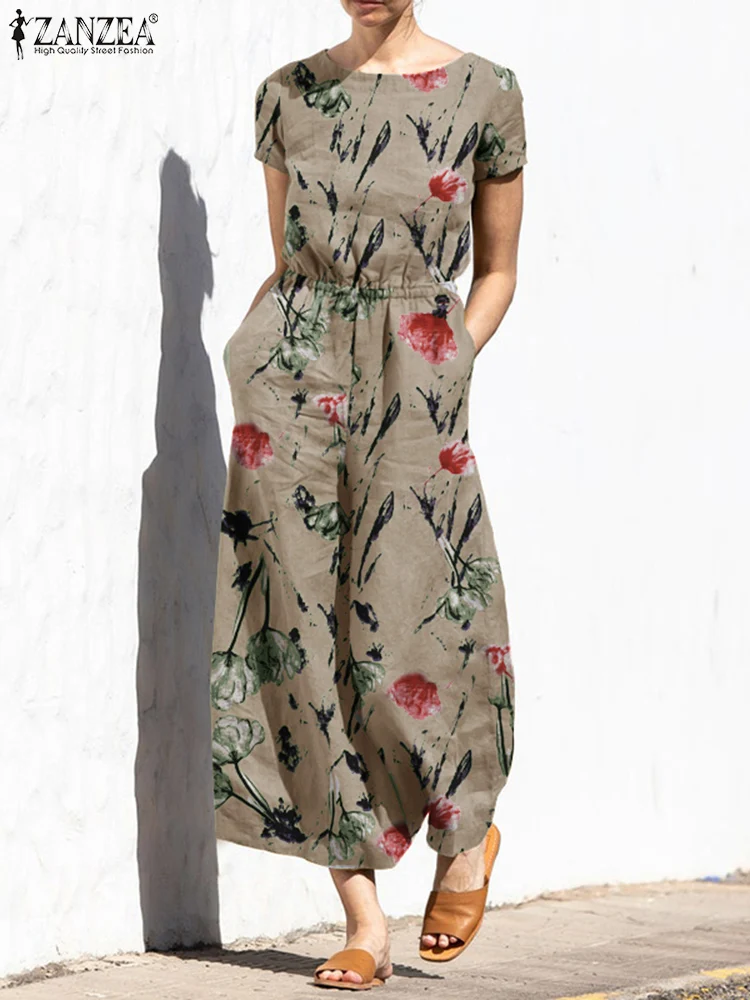 ZANZEA летние богемные комбинезоны с коротким рукавом и широкими штанинами