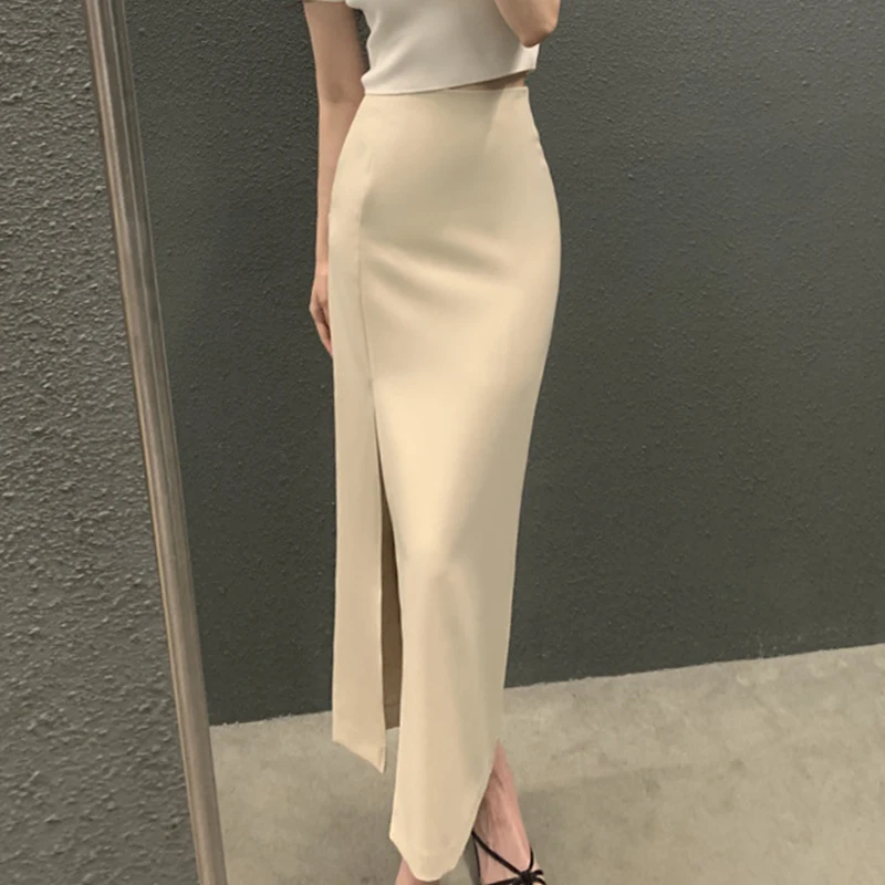 

Женская юбка с высокой талией WDMSNA, однотонная облегающая длинная юбка с Боковым Разрезом в Корейском стиле на лето