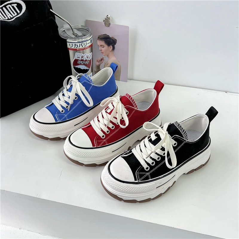 

2023 New Women's Solid Color Canvas Sneakers Women's Casual Shoes Sports Shoes Women's Shoes Thick Sole Lace-up Shoes