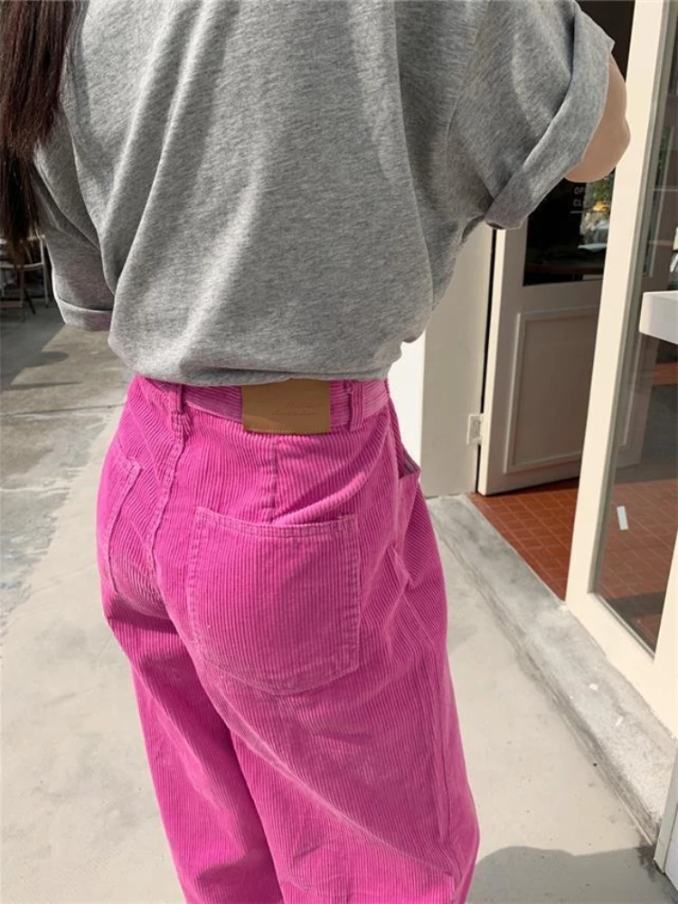 HOUZHOU Pink Corduroy Pants Women Harajuku Korean Style High Waist Vintage Green Wide Leg Trousers Female Autumn Chic Fashion 3