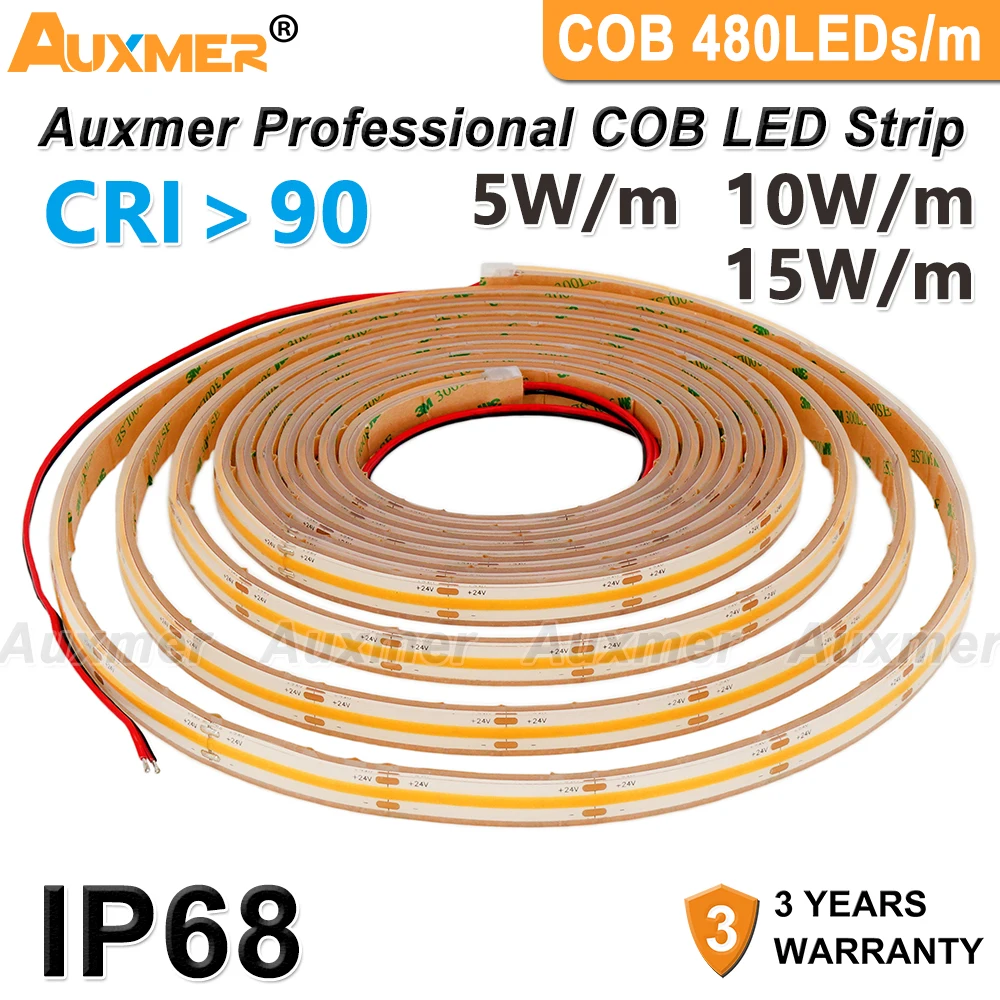 Фото Профессиональные светодиодные ленты COB 480 светодиодов/м DC12/24В CRI90, IP68 водонепроницаемый, Светодиодная лента высокой плотности с регулируемо... №1