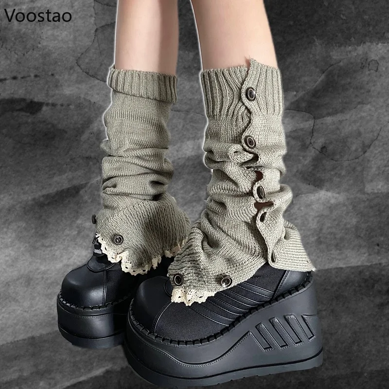 Japanese Lolita Y2k Leg Cover Knitted Button Design Harajuku Punk Leg Warmers Socks Women Streetwear Gothic Warmer Foot Cover