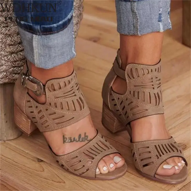 

Vintage Hollow Out Sandals Mid Heel Summer Slip-on Buckle Ladies Shoes Artificial Open Toe Casual Wedding Pumps Women Sandalias