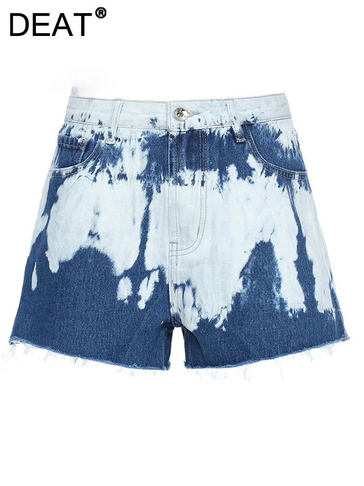 

DEAT Fashion Women's Short Denim Pants High Waist Button Tie Dye Burrs Loose Straight Short Jeans Female Summer 2023 New 7DS188