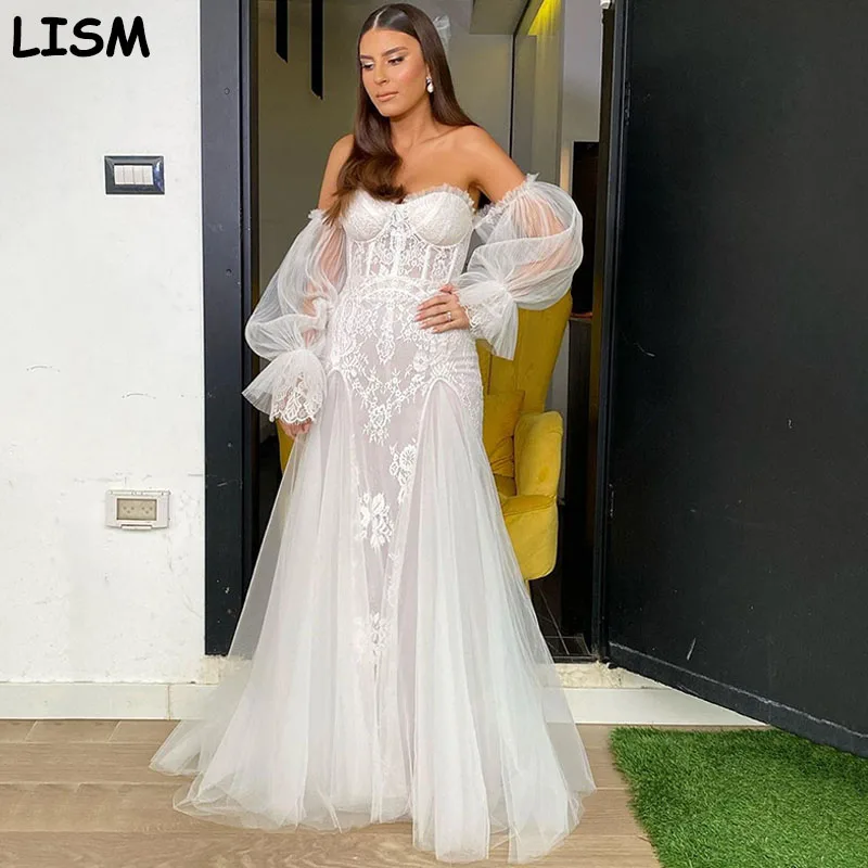 

Кружевное Вечернее Платье-Русалка с открытыми плечами и аппликацией в пол