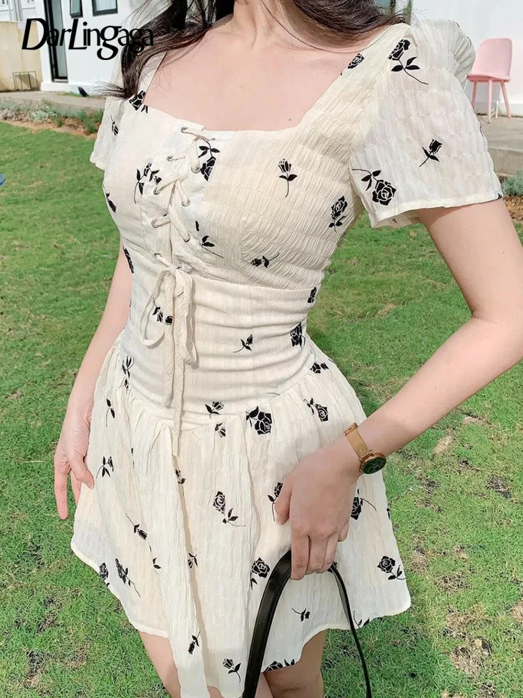 

Darlingaga Korean Fashion Square Neck Corset Floral Printed Summer Dress Women Casual Lace Up Sundress Beach Holidays Mini Chic