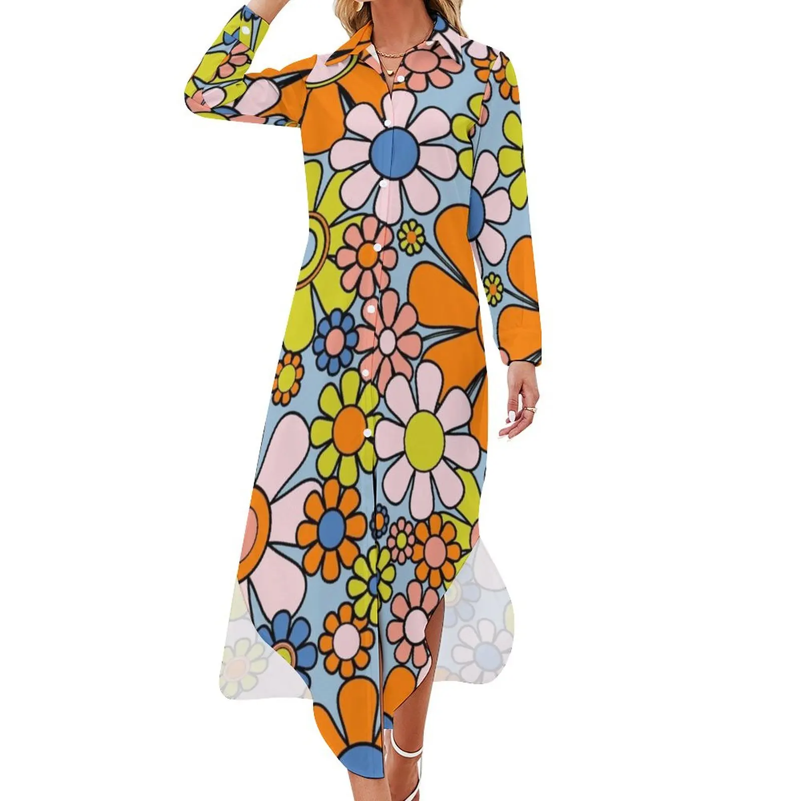 Платье-рубашка с длинным рукавом и цветочным принтом в стиле ретро