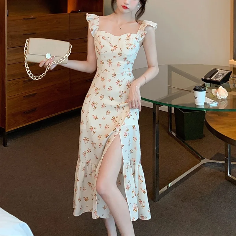 

French Floral Chiffon Suspender Dress 2022 Summer New Slimming Mid-Length Split Gentle Suspender Dress