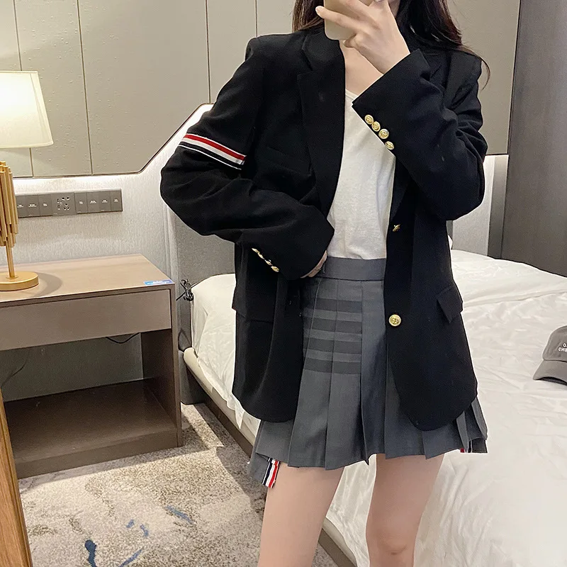 High Quality TB Armband Webbing Suit Women Loose Show Slim Sleeves Gold Button Suit British Style Lapel Casual Jacket Trend
