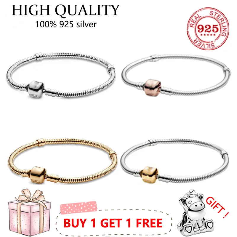 

Hot Sale 100% 925 sterling silver Classic Cylindrical Button Snake Bone Bracelet Suitable For Women Diy Jewelry Original Charm