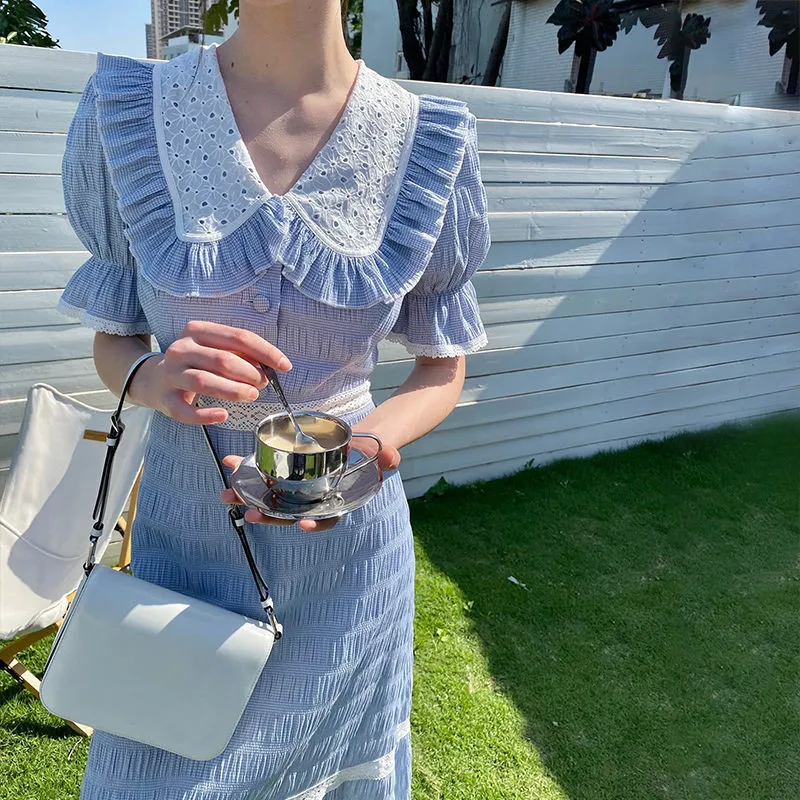 

Summer Puff Sleeve Lace Plaid Dress Woman Elegant One Piece Dress Korean Casual Party Vintage Midi Dress Slim Bow