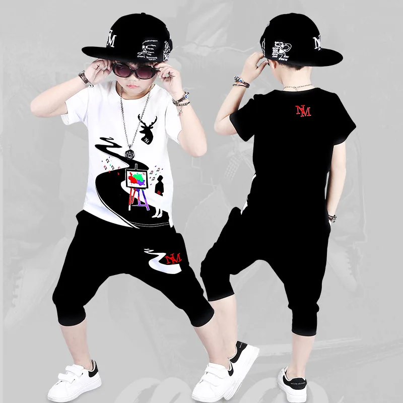 2022 new unsex girls Boy Hip-hop Summer Kids Children Sets Sports Suit Cotton Short Sleeve Hip Hop Costume 4 6 7 8 9 11 12 Year