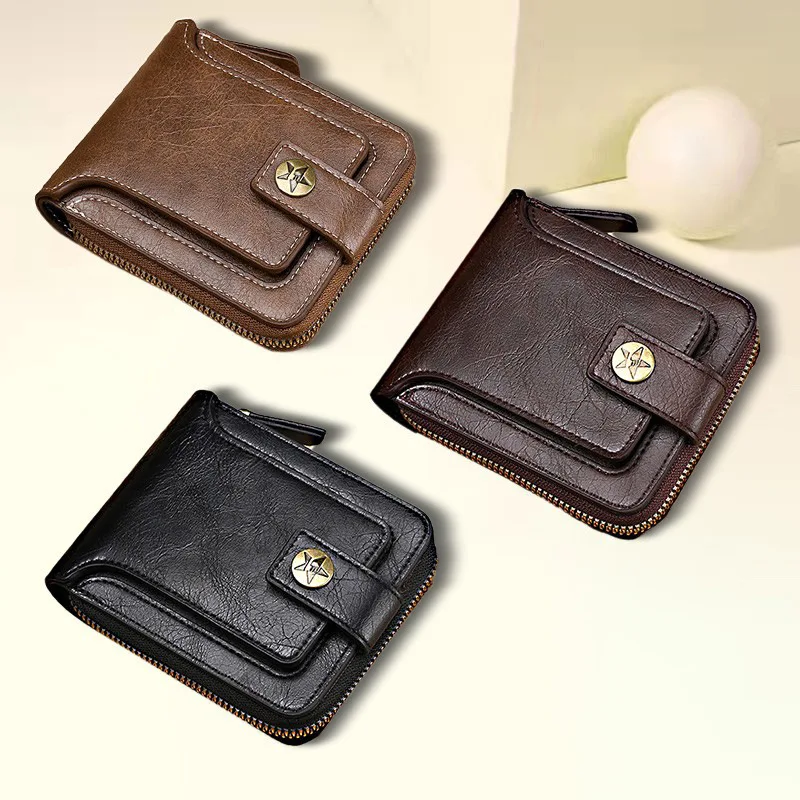 New Fashionable Men's Short Wallet Horizontal Zipper Wallet with Multi Card Position Function Document Buckle Card Bag