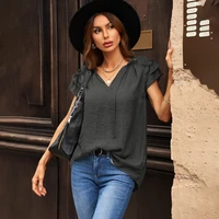 summer women chiffon shirt top solid color lace v neck short puff sleeve ladies fashion casual tops