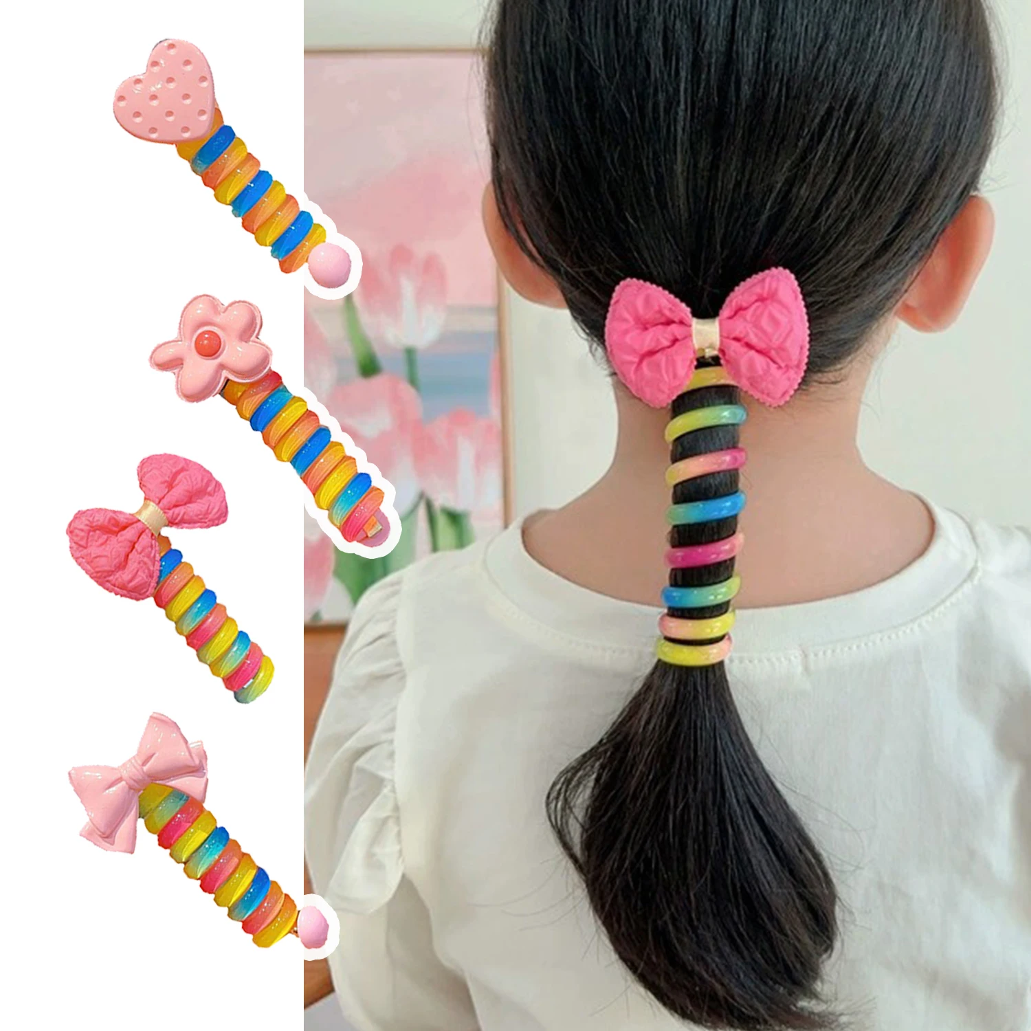 

Baby Hair Accessories Children's Telephone Line Hair Loop High Horsetail Head Rope Colorful Elastic Bands Flower Girls Headdress