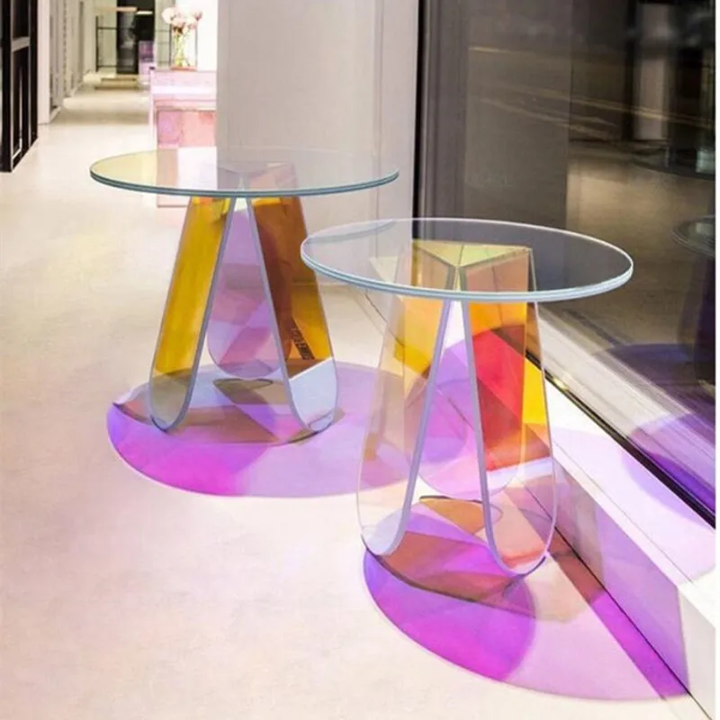 

Nordic Acrylic Side Table Display Designer Round Colorful Rainbow Clear Acrylic Iridescent Art Coffee Table Home Furniture