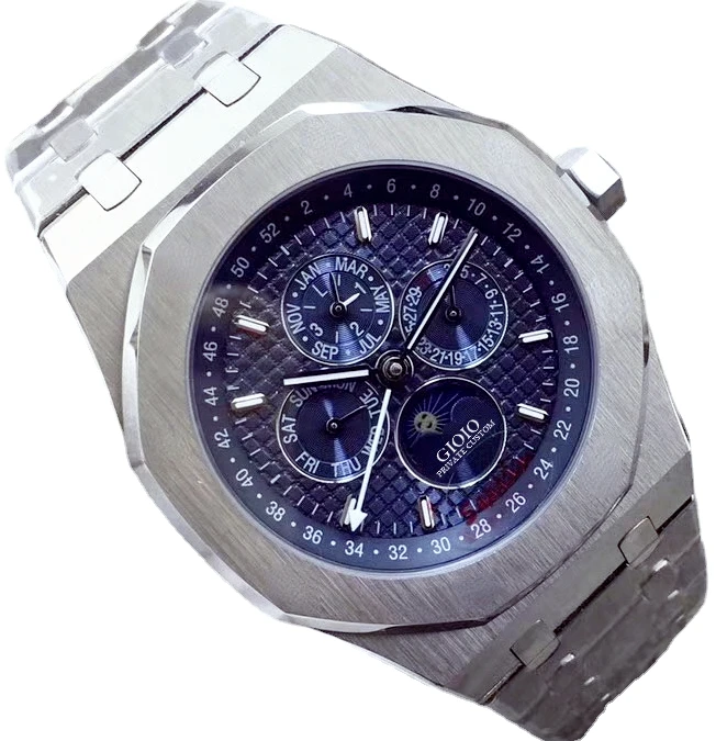 Новинка классические мужские часы автоматические механические GMT MoonPhase Sapphire серебристые светящиеся синие черные серые белые | Отзывы и видеообзор -1005004537115414